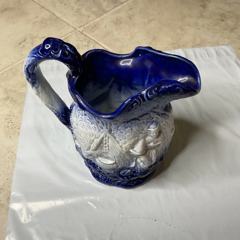 Burleigh Ironstone Flow Blue Pitcher Reproduction Staffordshire England Relief